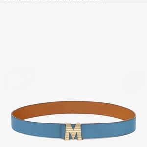 MCM Blue and Tan Reversible Leather Belt with Gold M Buckle